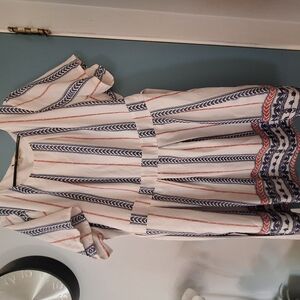 Striped White and Blue Dress with Red Accents